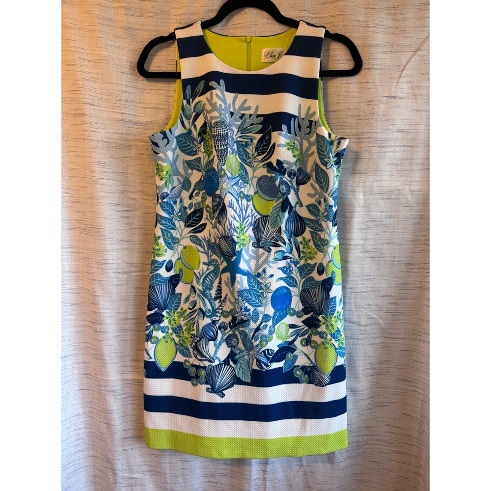 Eliza J Coastal Nautical Striped Shell Coral Print Shift Dress Blue Lime 6